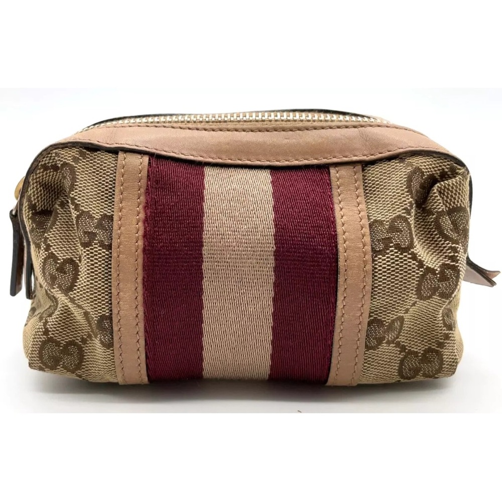 Auth Gucci GG Canvas Sherry Line Beige x Bordeaux Wine Pouch, amazing condition!